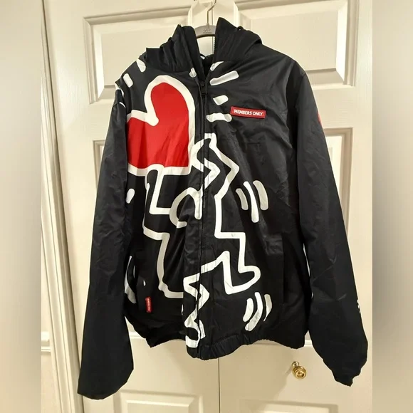 Members Only x Keith Haring Hooded Jacket Black Graphic Poly Filled Streetwear M - Picture 16 of 17